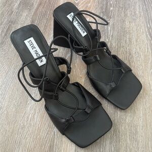 Steve Madden Black Lace-Up Vegan Leather
Block Heel Sandals